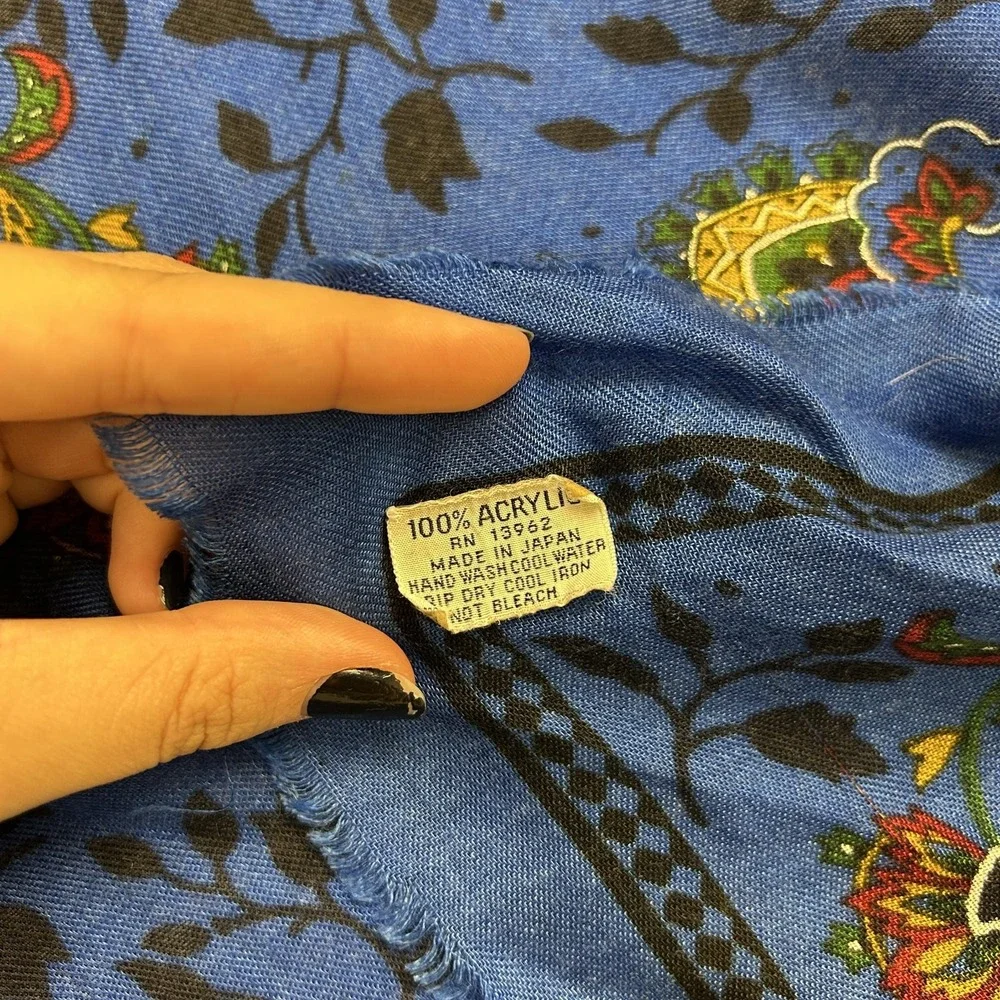 Vintage Square Scarf Womens OS Blue Floral Fringe Acrylic Made In Japan